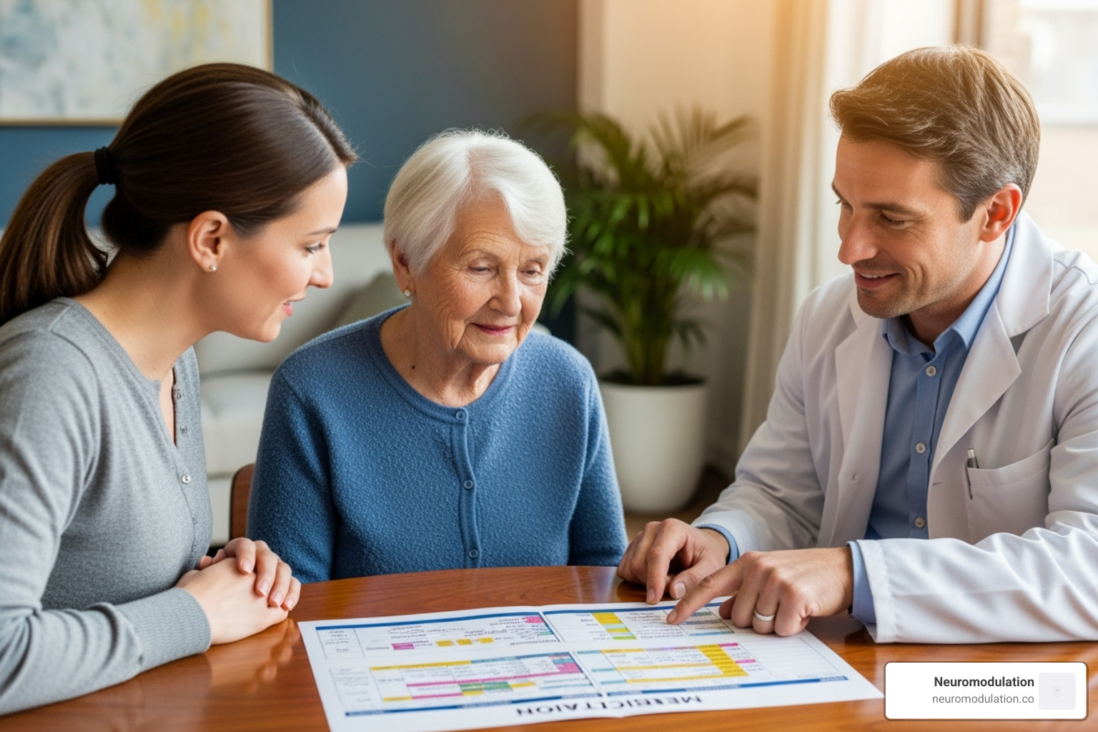 A patient and caregiver reviewing a medication schedule with a healthcare professional - cancer pain management algorithm