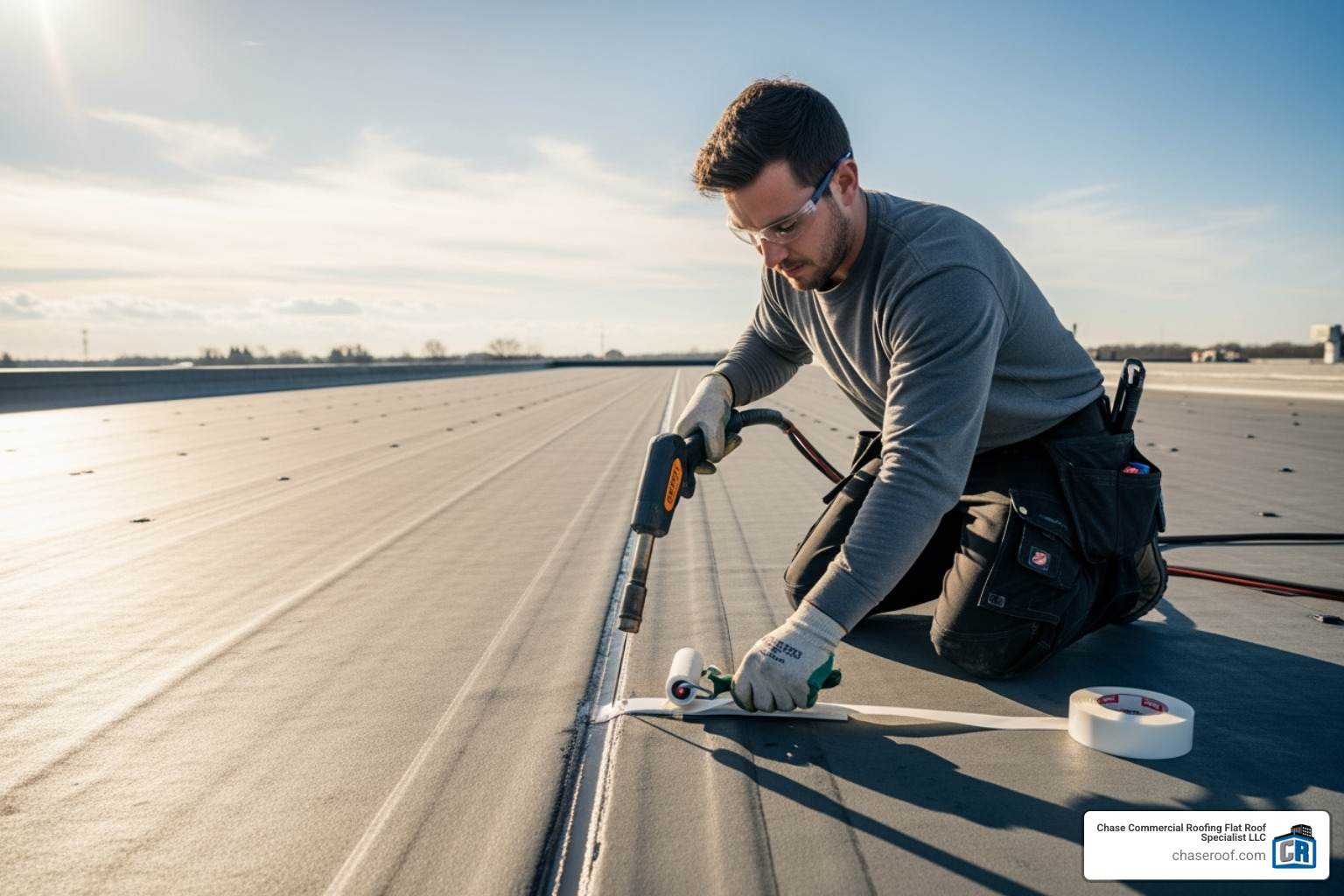 professional roofer sealing a seam on a flat roof - roof repair and maintenance