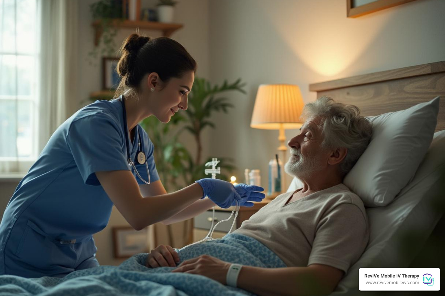 A nurse administering an IV drip in a home setting - Myers cocktail IV A nurse administering an IV drip in a home setting - Myers cocktail IV