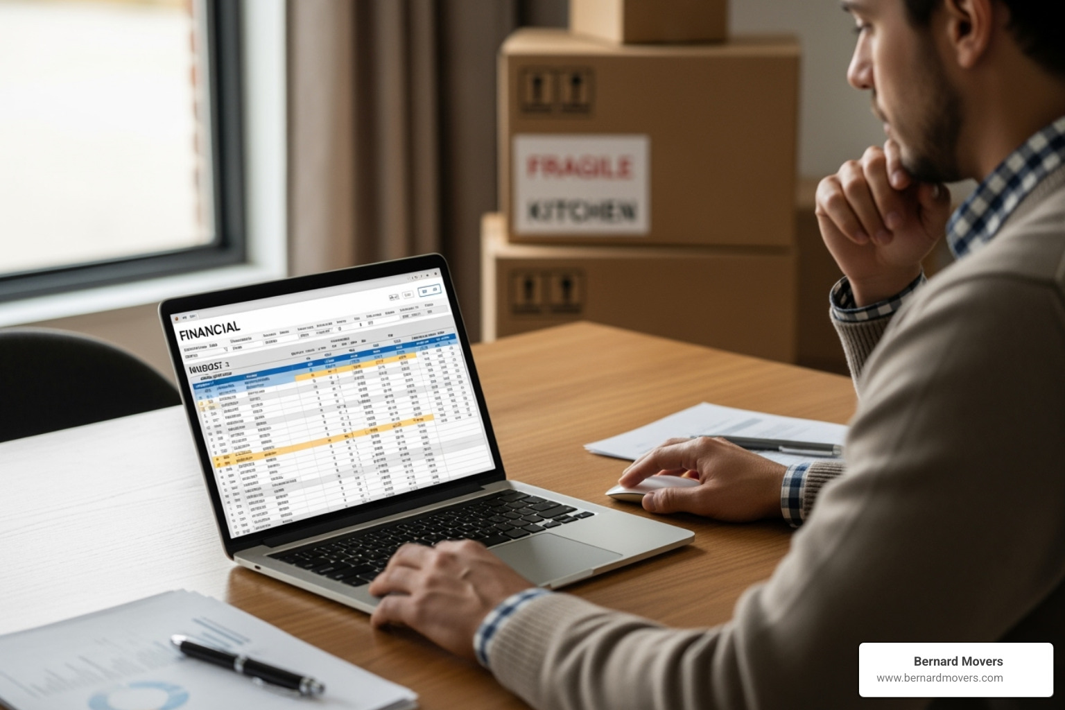 Person reviewing budget with moving boxes in background - Moving from Chicago to Florida