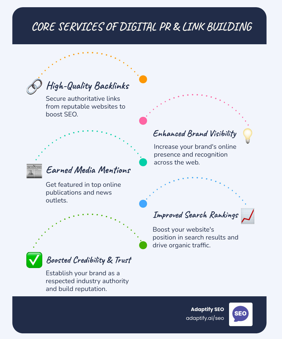 Infographic detailing the core services provided by digital PR and link building agencies, including high-quality backlink acquisition, brand awareness, media mentions, improved search rankings, and reputation management. - digital pr and link building services infographic infographic-line-5-steps-blues-accent_colors