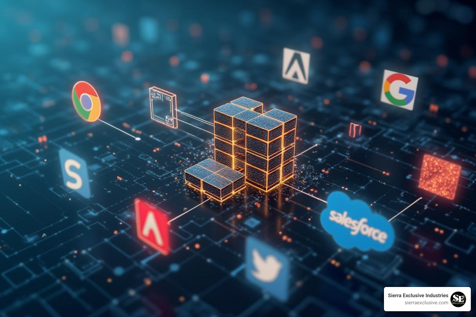 marketing tech logos (Google, Adobe, Salesforce) connecting to a central data warehouse - marketing analytics consulting firms