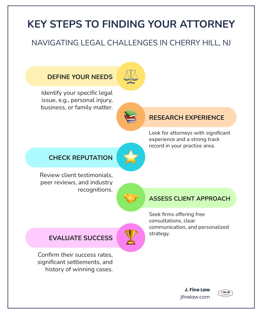 Key steps to finding the right lawyer in New Jersey - attorney cherry hill infographic infographic-line-5-steps-colors