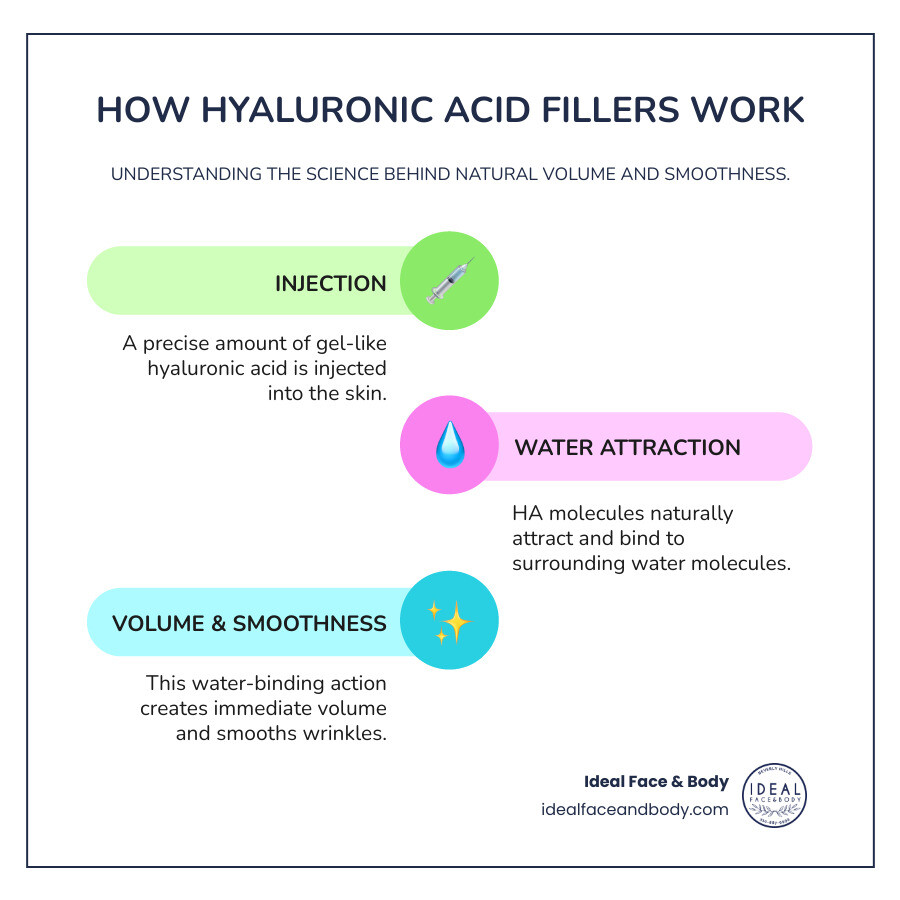Infographic explaining how hyaluronic acid works by attracting and holding water molecules to create volume in the skin. - hyaluronic acid filler infographic infographic-line-3-steps-colors