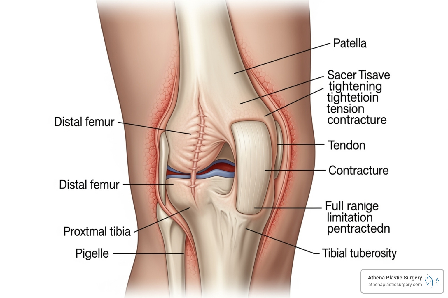 Illustration of scar contracture on a joint, showing restricted movement - skin graft scar revision