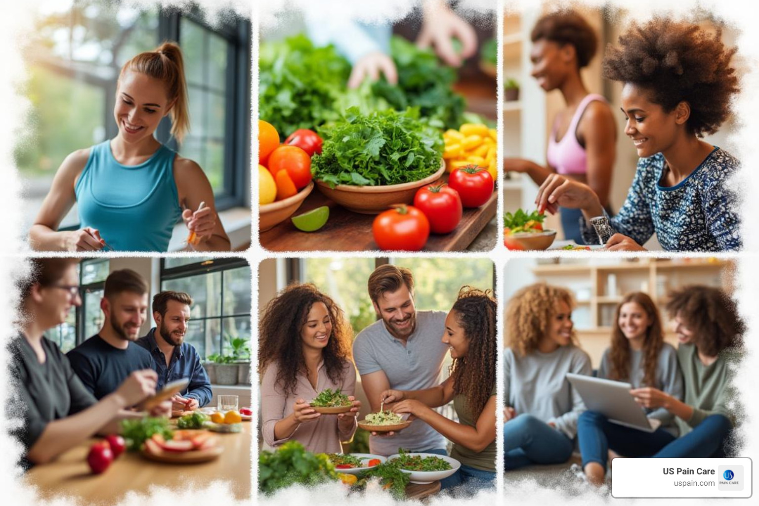 collage of activities representing different wellbeing pillars: exercise, healthy eating, social connection, and learning - wellbeing