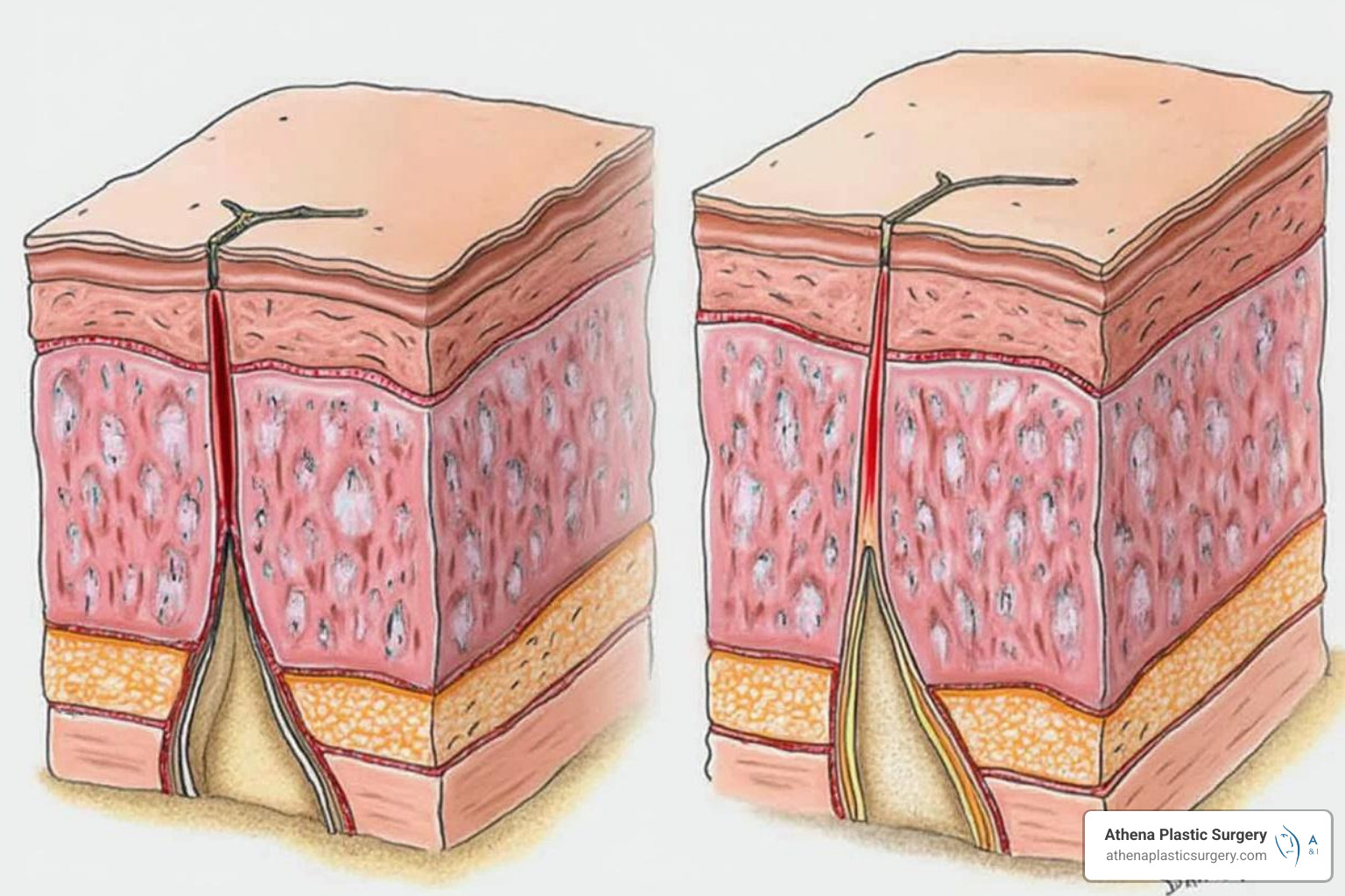 Diagram showing the difference between split-thickness and full-thickness skin grafts - skin graft scar revision