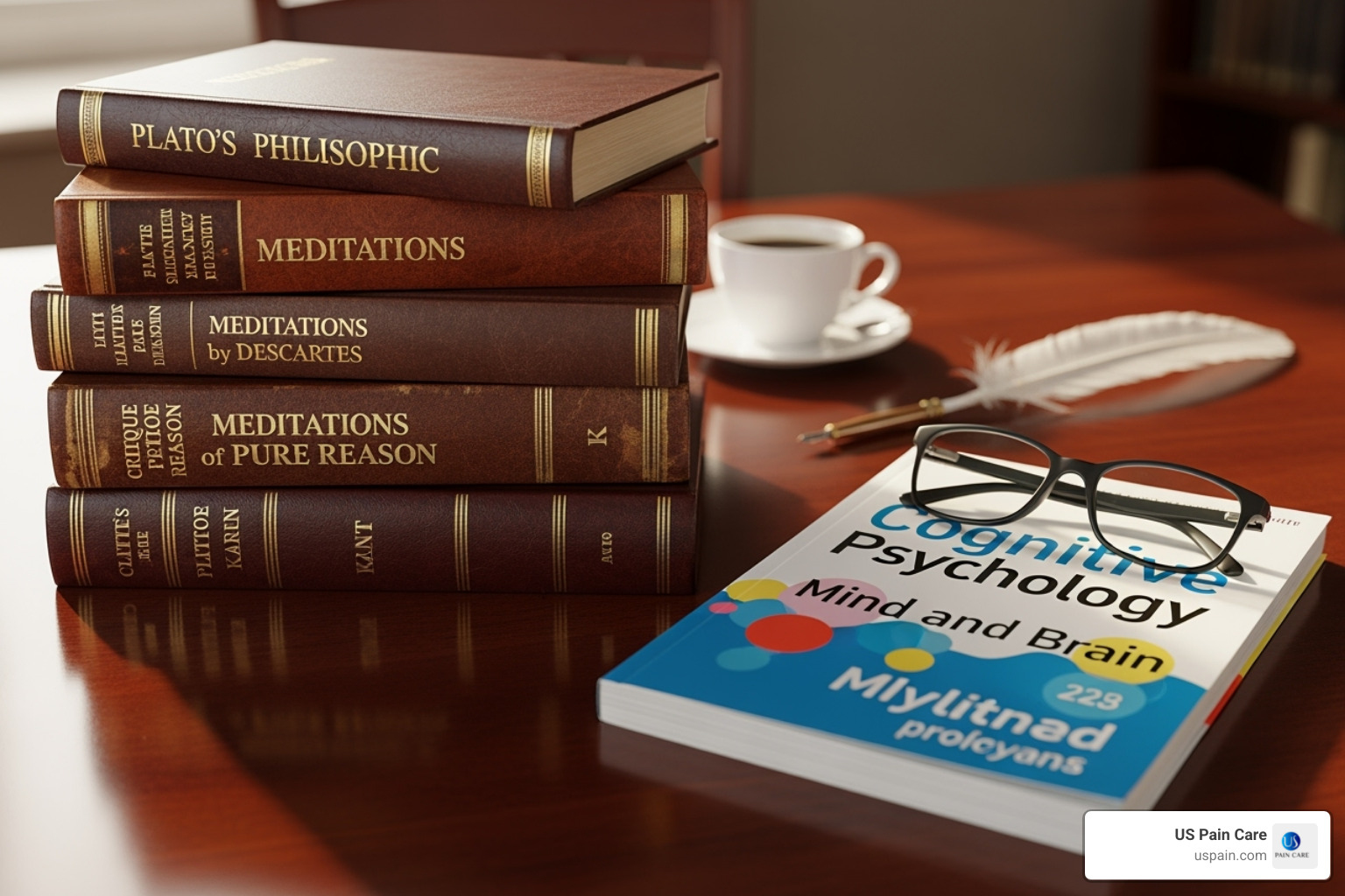 classic philosophy books stacked next to a modern psychology textbook - wellbeing