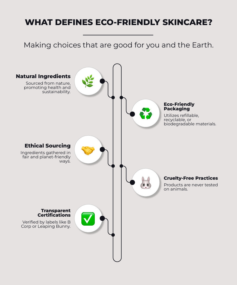 Infographic showing key characteristics of eco-friendly skincare products: natural ingredients, sustainable packaging (refillable, recyclable), ethical sourcing, cruelty-free practices, and third-party certifications like B Corp and Leaping Bunny, highlighting benefits for skin and planet. - eco friendly skincare products infographic infographic-line-5-steps-neat_beige
