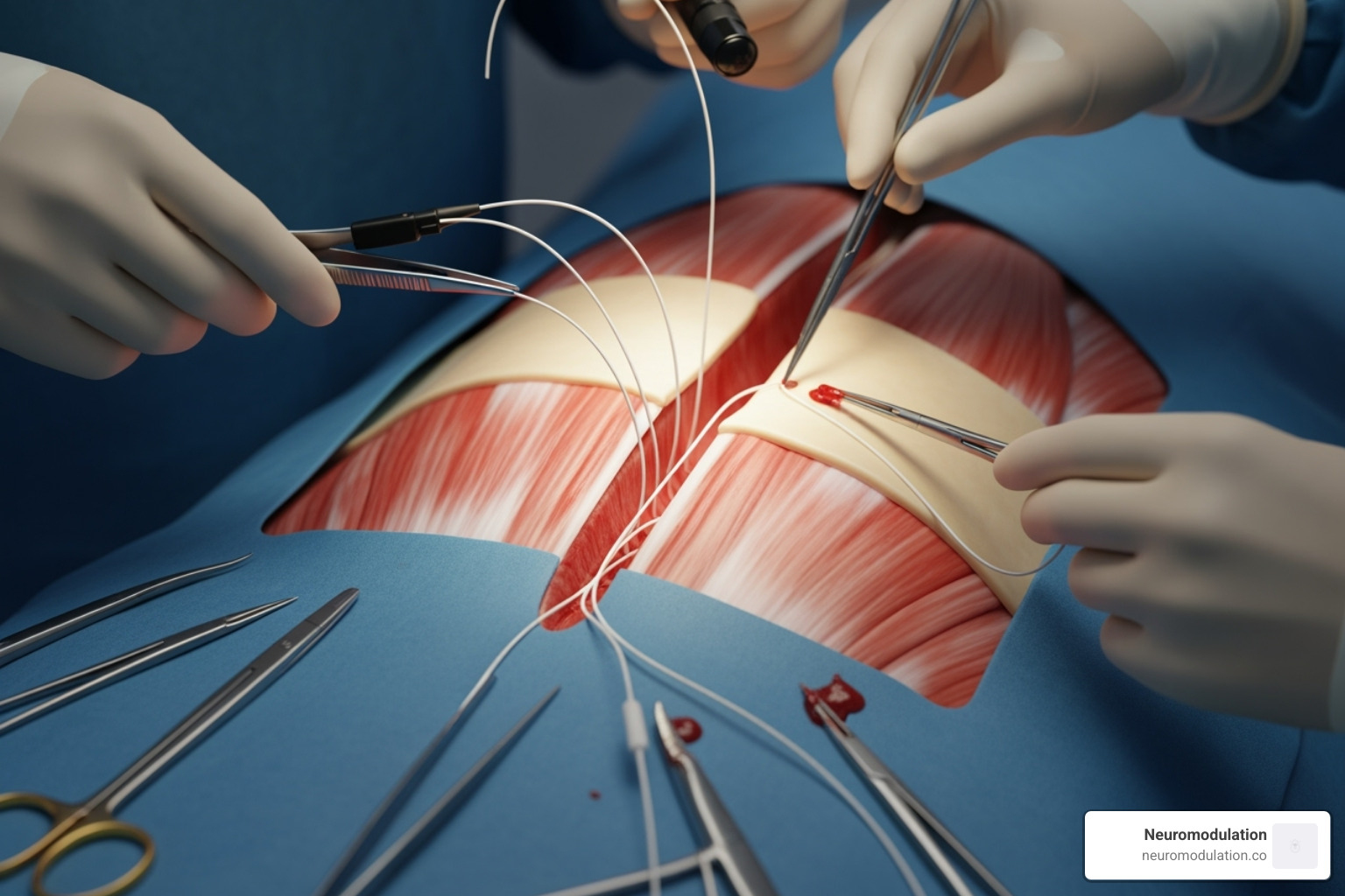 Spinal cord stimulator being implanted, showing the leads going into the spinal canal - pain management in chronic pancreatitis a treatment algorithm Spinal cord stimulator being implanted, showing the leads going into the spinal canal - pain management in chronic pancreatitis a treatment algorithm