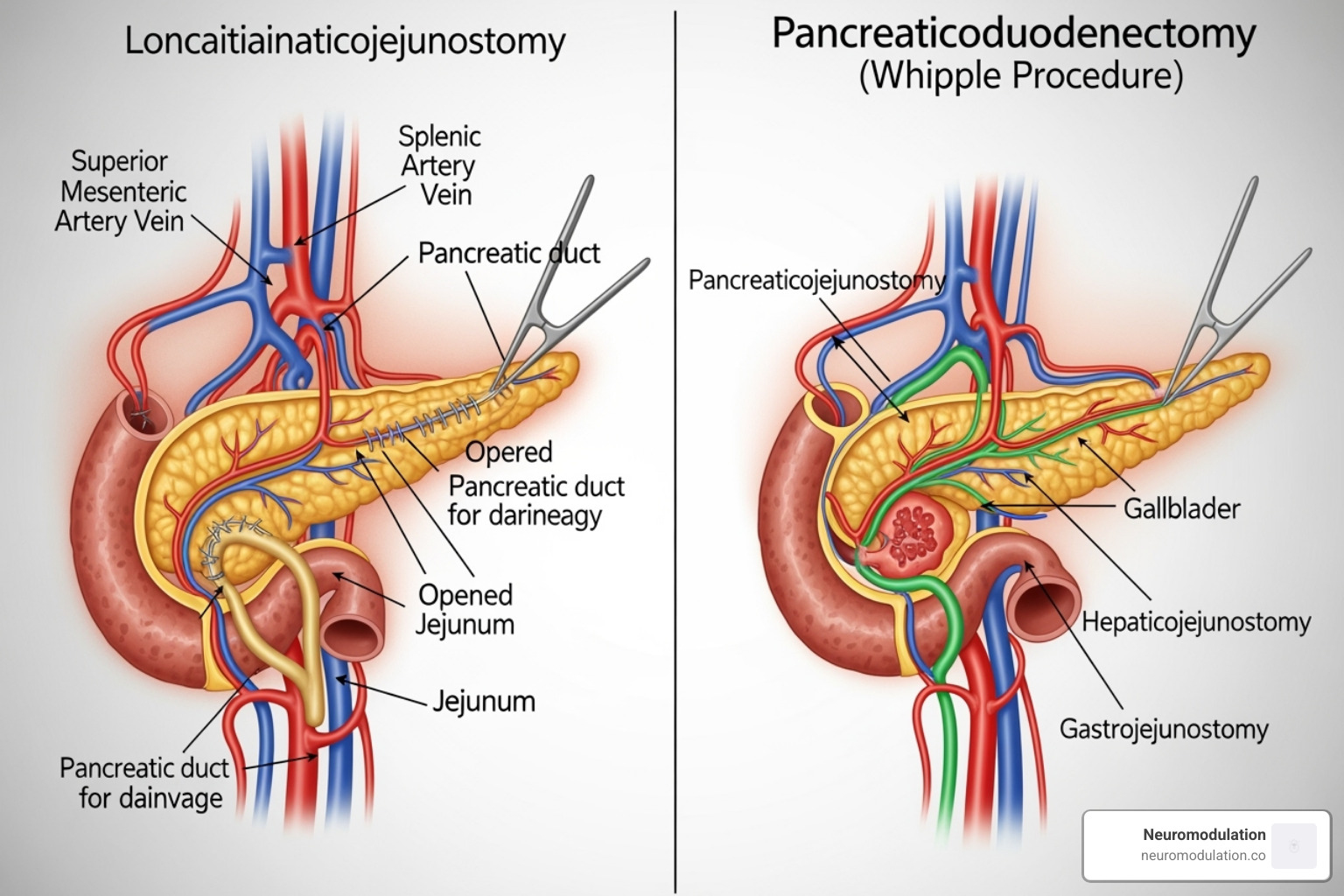 Diagram comparing a drainage procedure (Puestow) and a resection procedure (Whipple) for chronic pancreatitis - pain management in chronic pancreatitis a treatment algorithm Diagram comparing a drainage procedure (Puestow) and a resection procedure (Whipple) for chronic pancreatitis - pain management in chronic pancreatitis a treatment algorithm