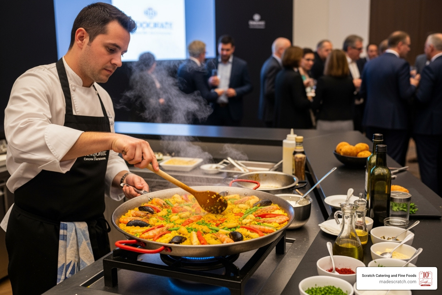 a chef at a live paella station - corporate event catering a chef at a live paella station - corporate event catering