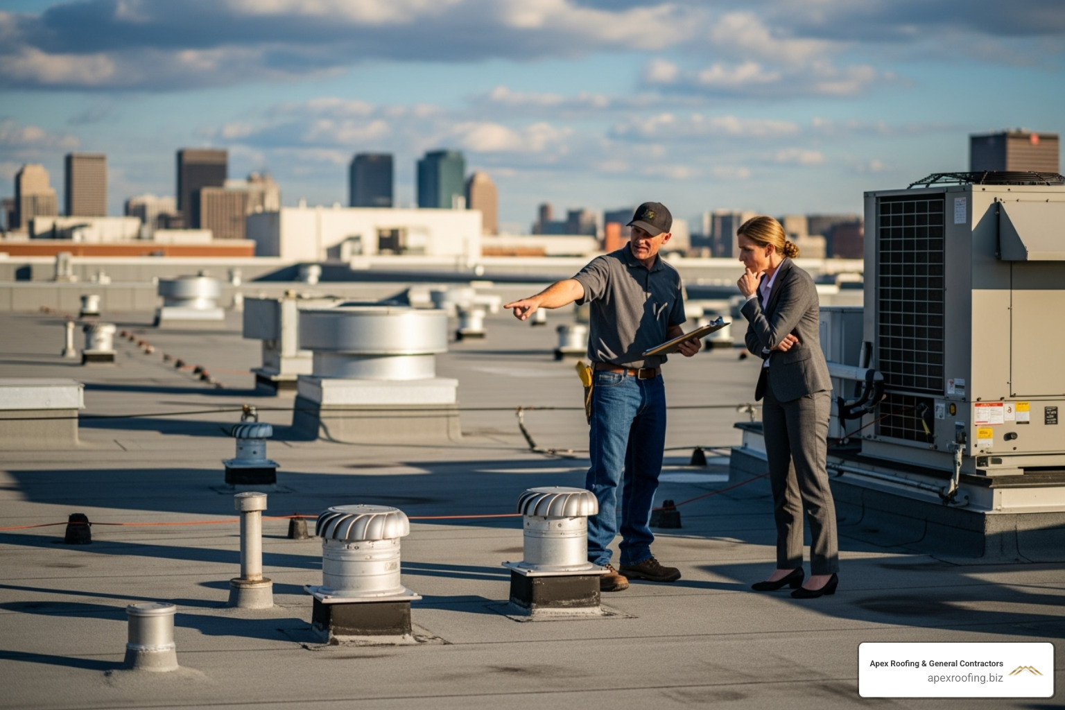 professional roofer with building owner - commercial roofing san antonio tx