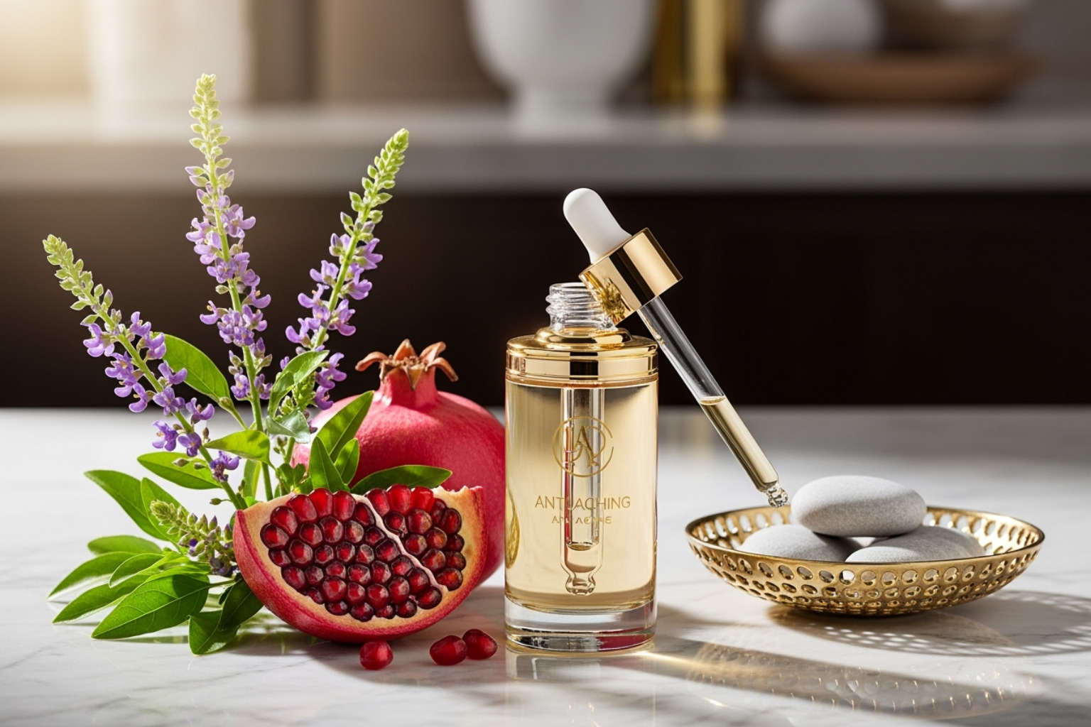 A luxurious anti-aging serum from Beyond Beauty Lab in a glass dropper bottle next to its botanical source. - eco friendly skincare products