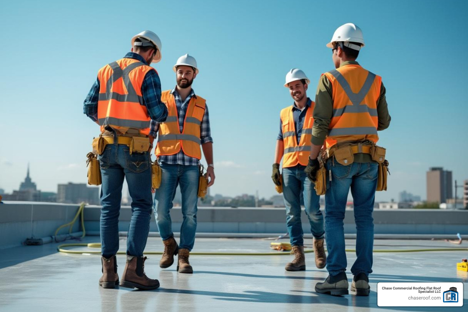 certified roofing team with proper safety gear on a commercial site - roof repair and maintenance