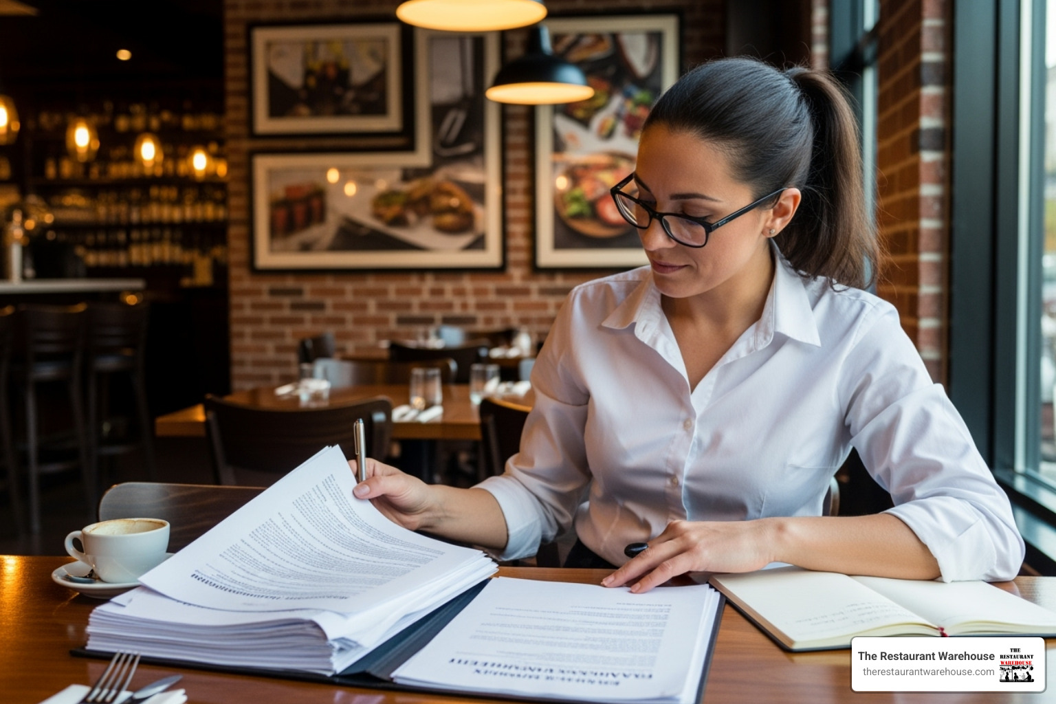 restaurant owner reviewing financing agreement - rent to own restaurant equipment