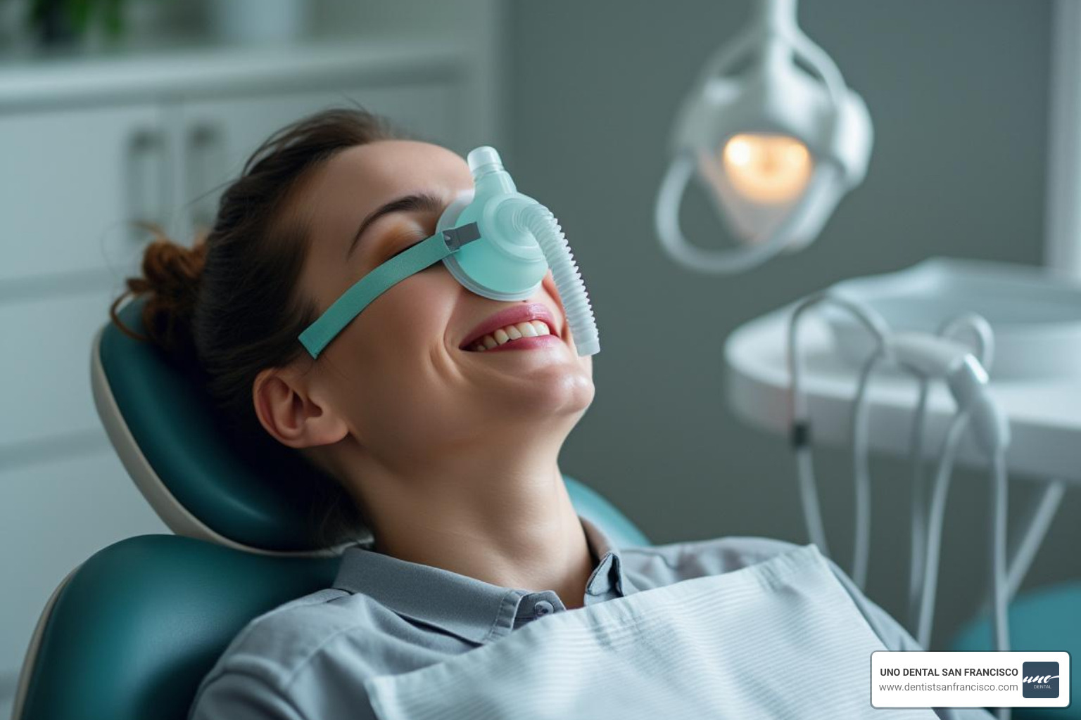 A patient comfortably relaxed with a nitrous oxide mask - dental anesthesia