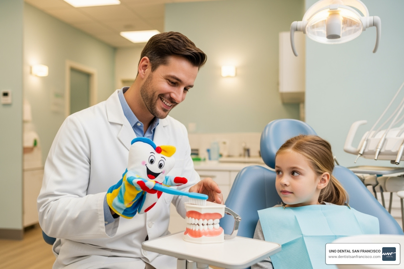 A friendly dentist explaining a procedure to a child using a puppet to demonstrate. - pediatric dental care A friendly dentist explaining a procedure to a child using a puppet to demonstrate. - pediatric dental care