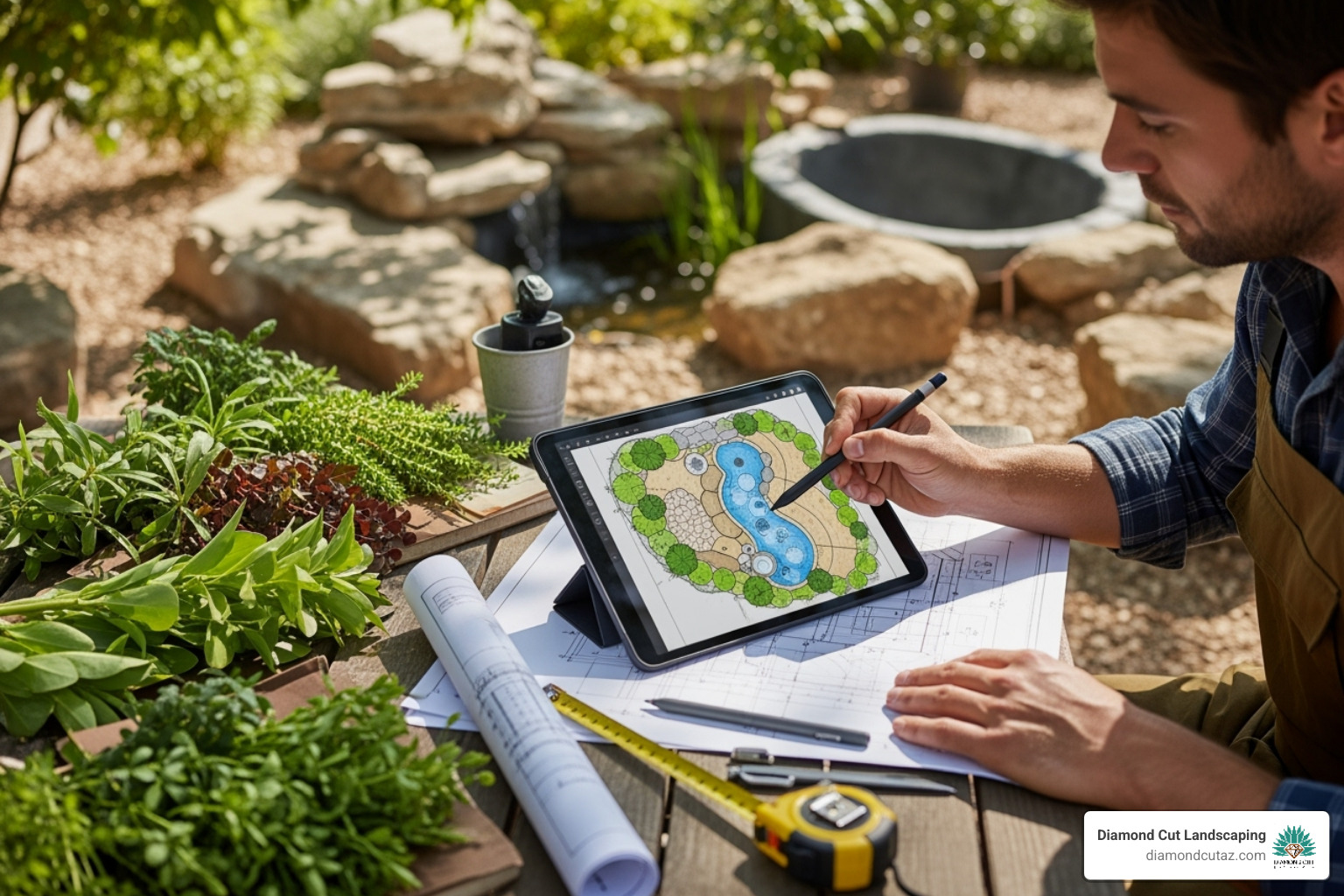 landscape designer sketching water feature plan - backyard water features phoenix