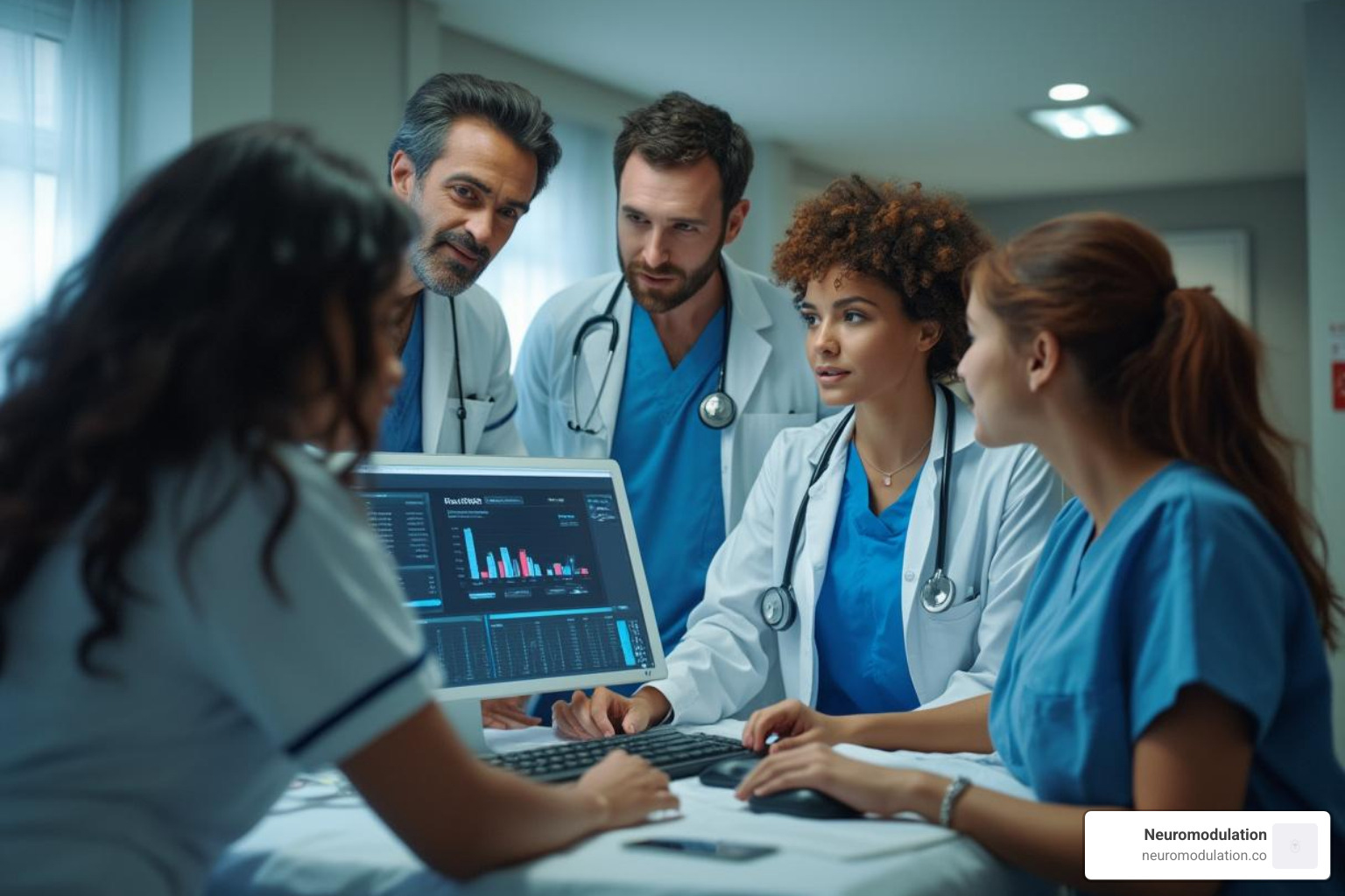 A healthcare team collaborating around a computer, reviewing patient data and discussing treatment plans to optimize outcomes. - pacu pain management algorithm A healthcare team collaborating around a computer, reviewing patient data and discussing treatment plans to optimize outcomes. - pacu pain management algorithm
