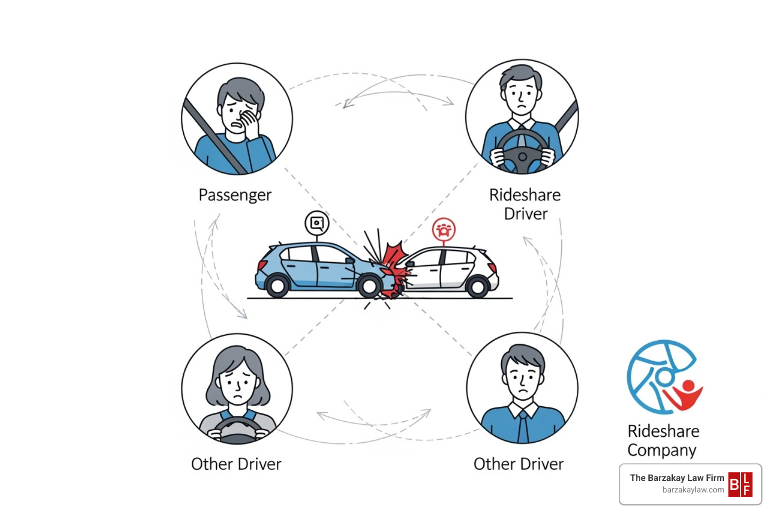 diagram showing the multiple parties involved in a rideshare crash (passenger, rideshare driver, other driver, rideshare company) - rideshare accident lawyer
