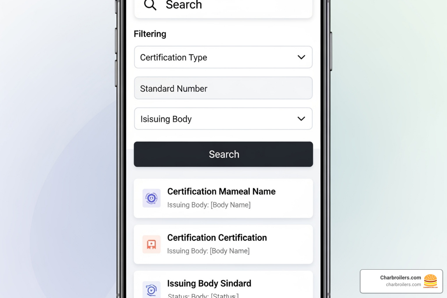 Smartphone displaying the NSF certification search website. - nsf ansi standard 7 commercial refrigerators and freezers