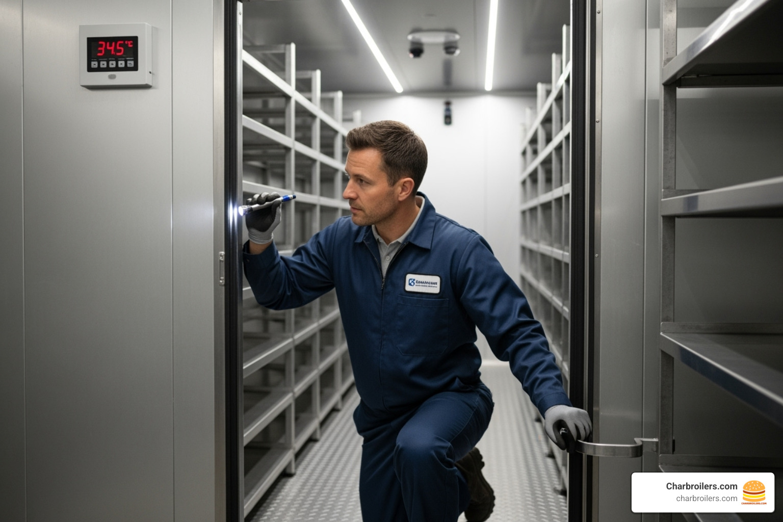 Technician inspecting the interior of a commercial walk-in cooler for NSF compliance. - nsf ansi standard 7 commercial refrigerators and freezers