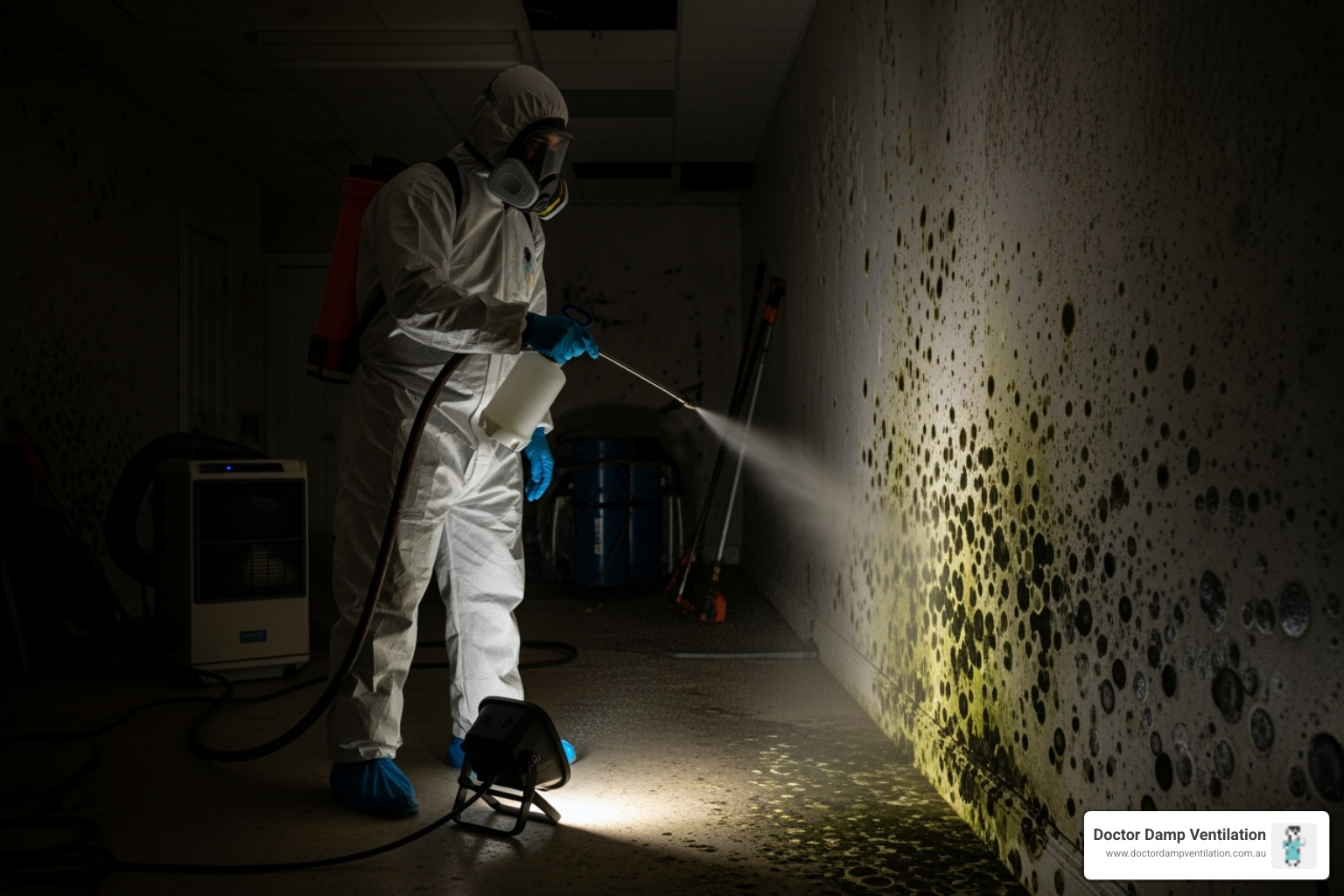 professional technician in full protective gear treating a mould-infested wall - cost of mould