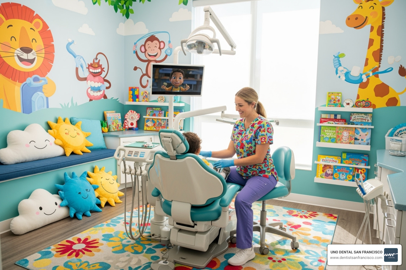 A brightly colored and welcoming pediatric dentist's treatment room, designed to put children at ease. - pediatric dental care A brightly colored and welcoming pediatric dentist's treatment room, designed to put children at ease. - pediatric dental care