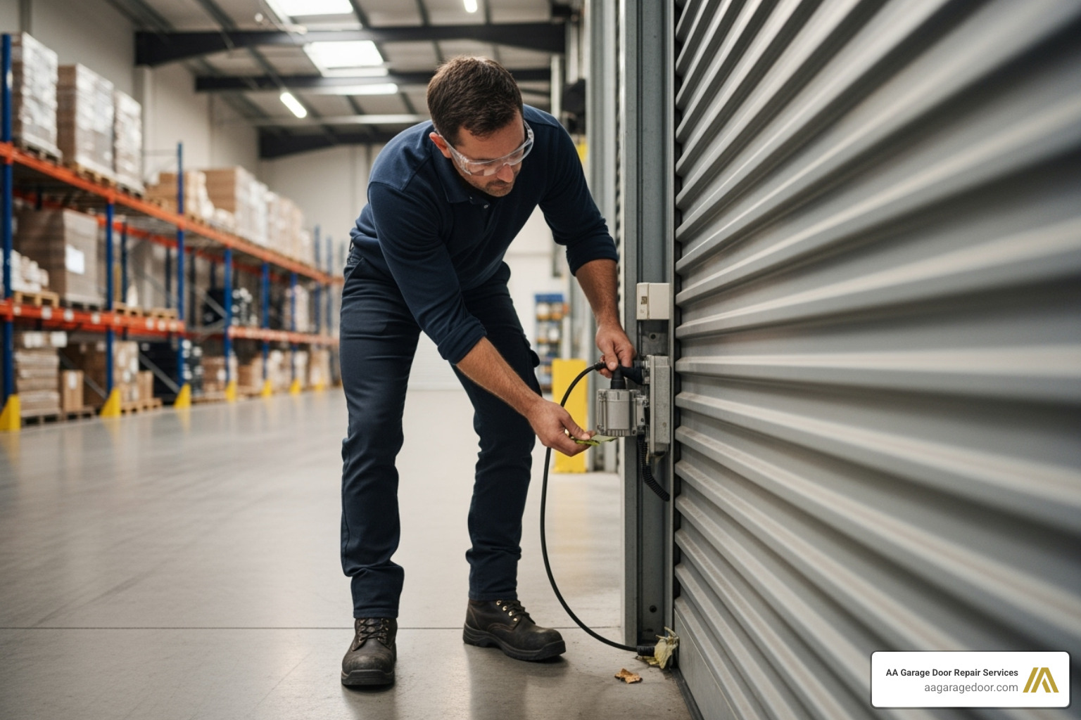 business owner safely checking the power supply and clearing an obstruction from a door track - commercial roll up door repair