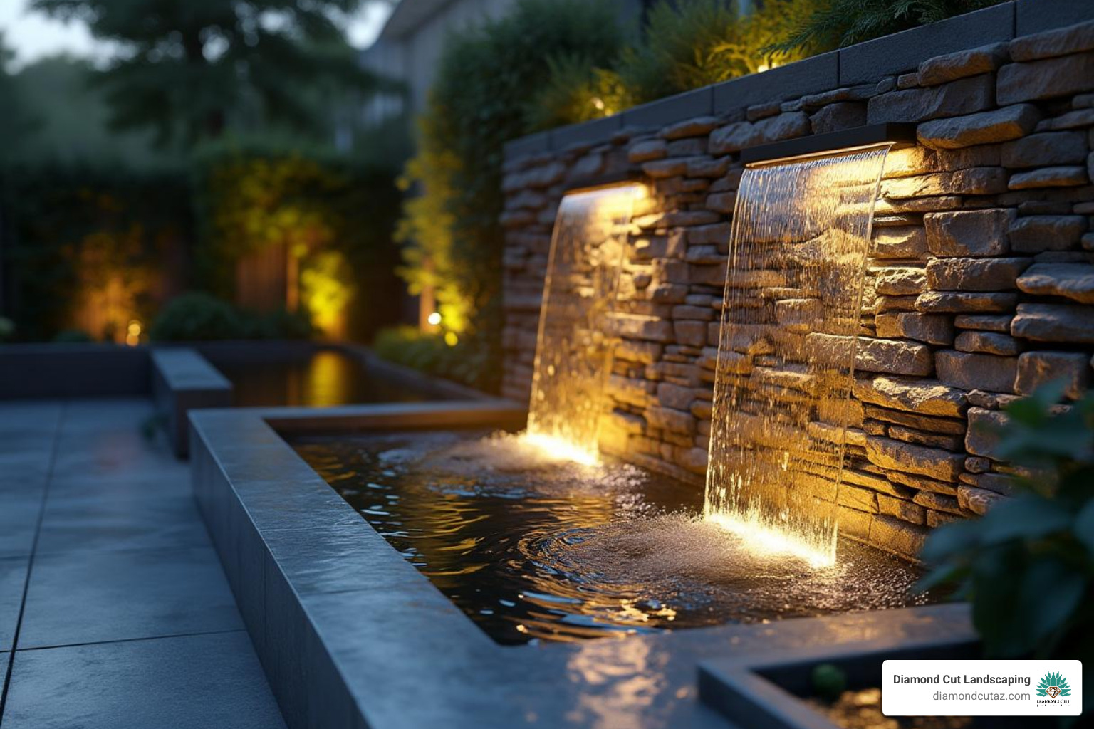 modern water wall with integrated lighting - backyard water features phoenix