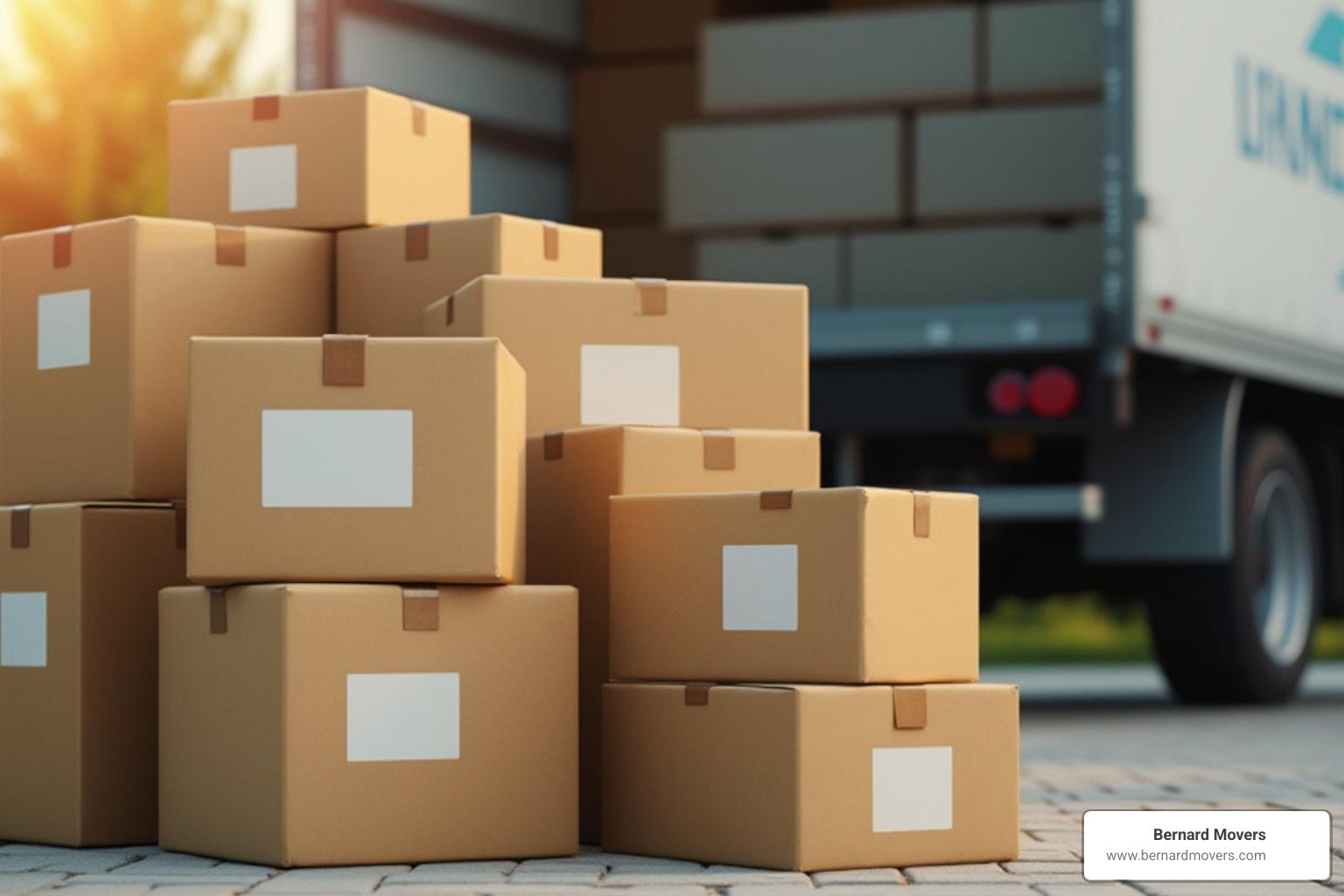 neatly stacked and labeled moving boxes next to a moving truck - things to do before moving out of state