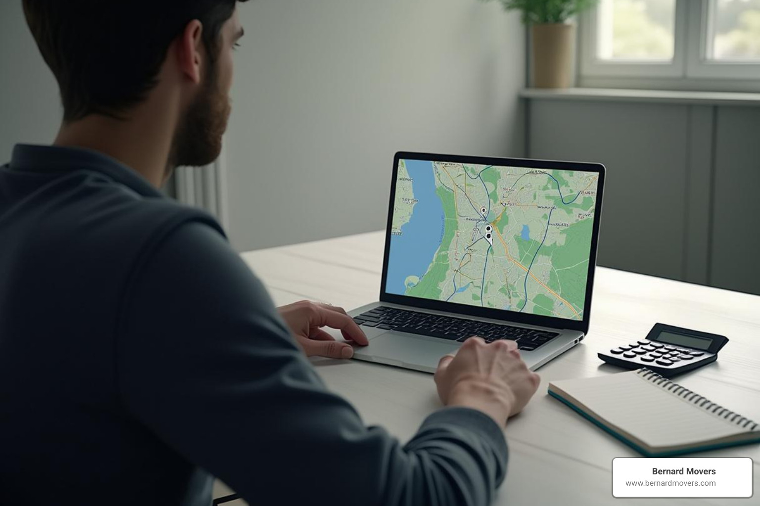 a person at a desk with a laptop showing a map, a calculator, and a notepad - things to do before moving out of state