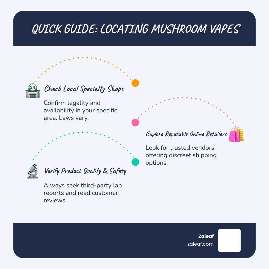 Infographic: Quick Guide to Locating Mushroom Vapes - 1. Check Local Specialty Shops (confirm legality), 2. Explore Reputable Online Retailers (e.g., Zaleaf.com), 3. Verify Third-Party Lab Testing and Product Reviews. - mushroom vape near me infographic infographic-line-3-steps-blues-accent_colors