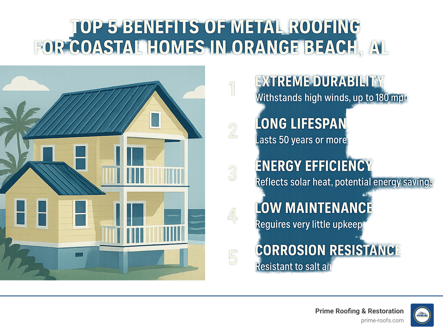 Infographic detailing the top 5 benefits of metal roofing for coastal homes in Orange Beach, AL - metal roofing orange beach al infographic 