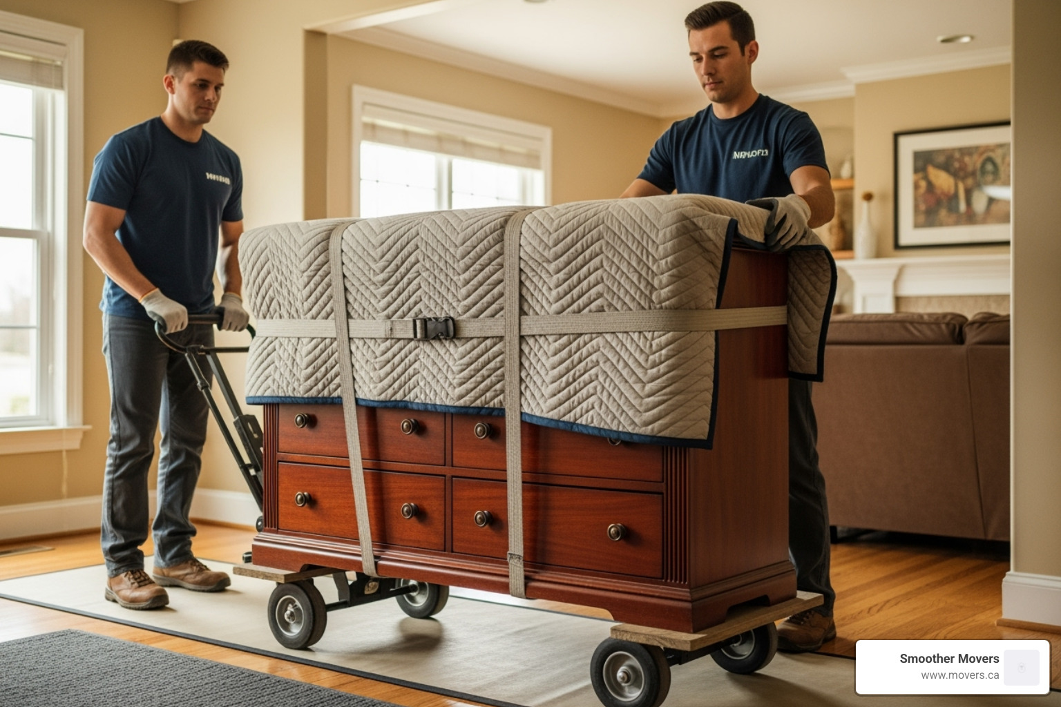 movers using specialized equipment like furniture dollies and protective pads - moving company with experience