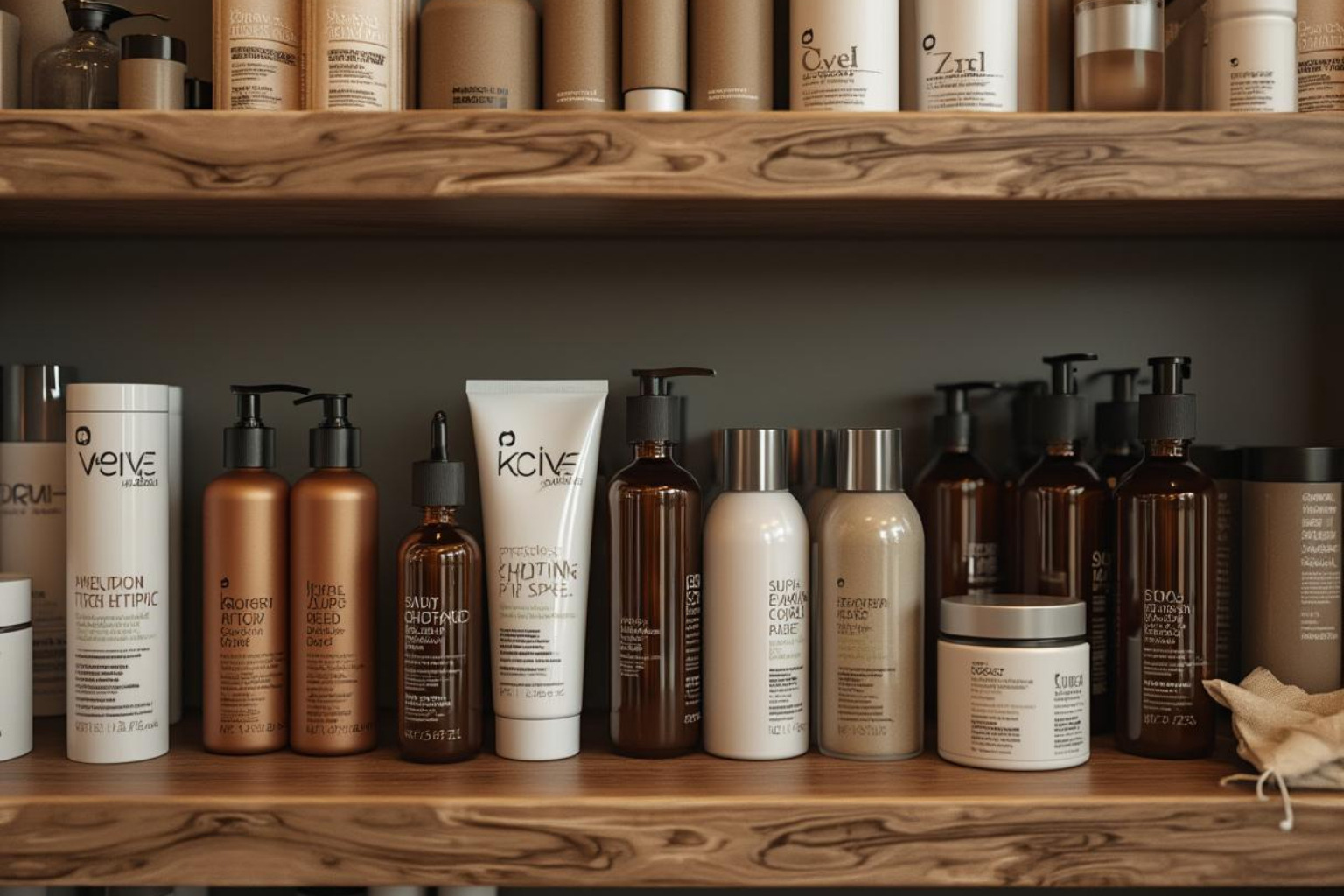 Salon retail shelf displaying products in glass and recycled plastic packaging - eco friendly salon practices
