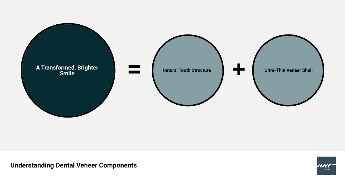 detailed infographic explaining the various components of a dental veneer, including the thin porcelain or composite shell, the bonding adhesive, and its placement over the natural tooth enamel - dental veneers infographic sum_of_parts