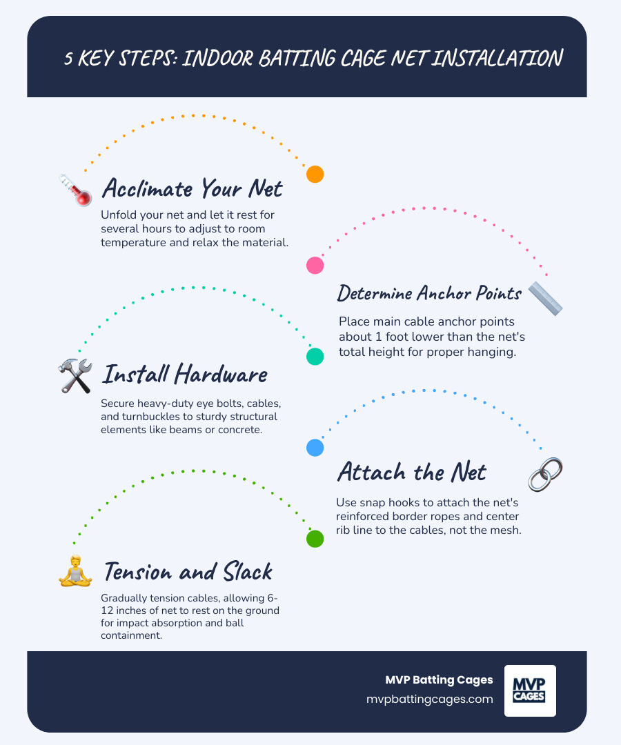 Infographic summarizing 5 key steps for indoor batting cage net installation, including net acclimation, anchor point determination, hardware setup, net attachment, and tensioning with proper slack. - how to hang a batting cage net indoors infographic infographic-line-5-steps-blues-accent_colors