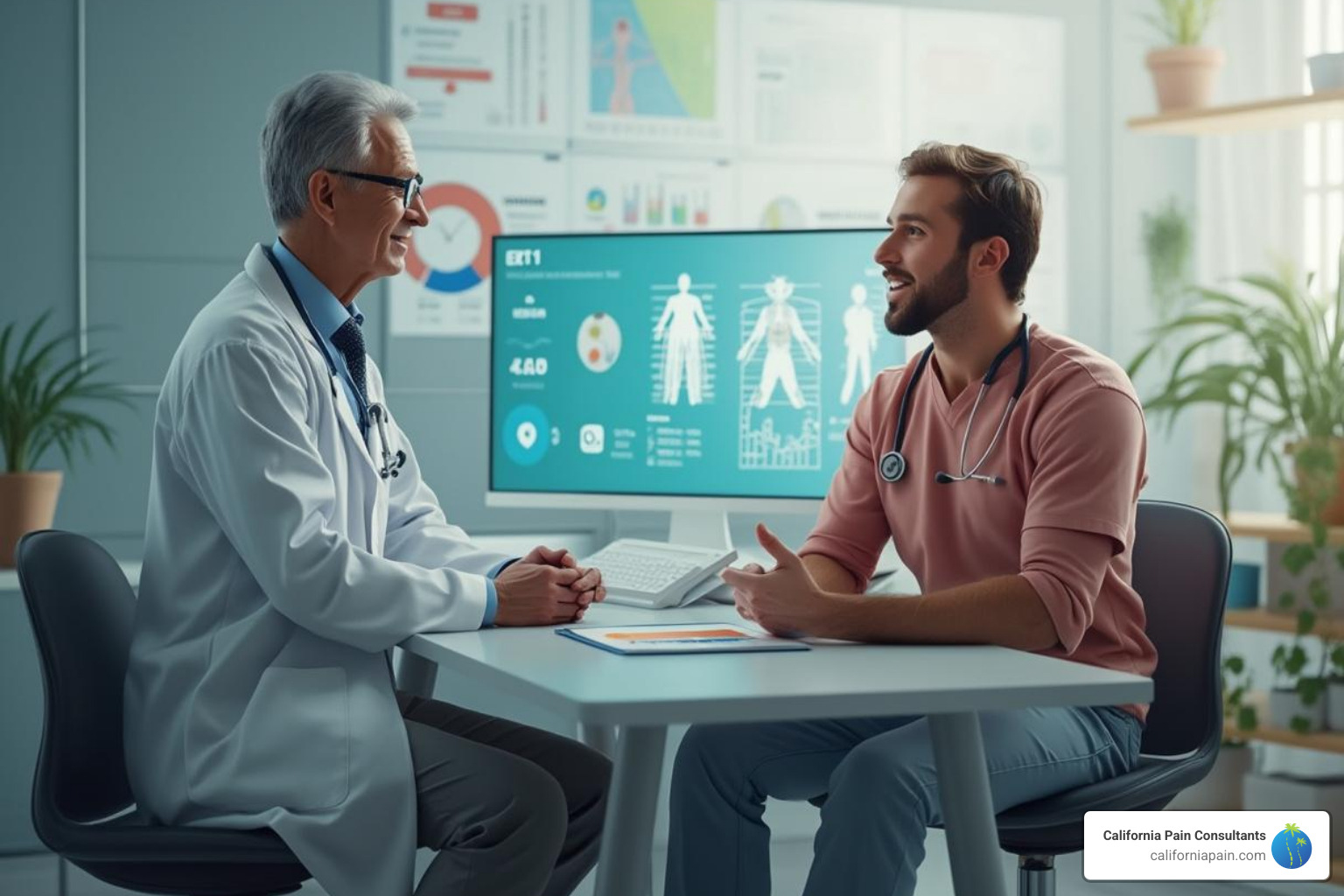 A doctor discussing various treatment options, including charts and diagrams, with a patient in a consultation room - treatment chronic back pain