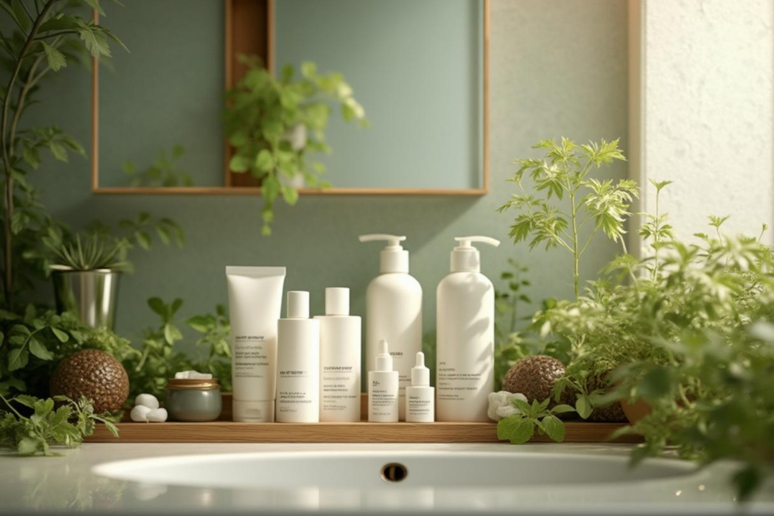 A serene bathroom shelf with natural skincare and hair care products from Beyond Beauty Lab, neatly arranged with green plants and soft lighting. - Best natural beauty brands A serene bathroom shelf with natural skincare and hair care products from Beyond Beauty Lab, neatly arranged with green plants and soft lighting. - Best natural beauty brands