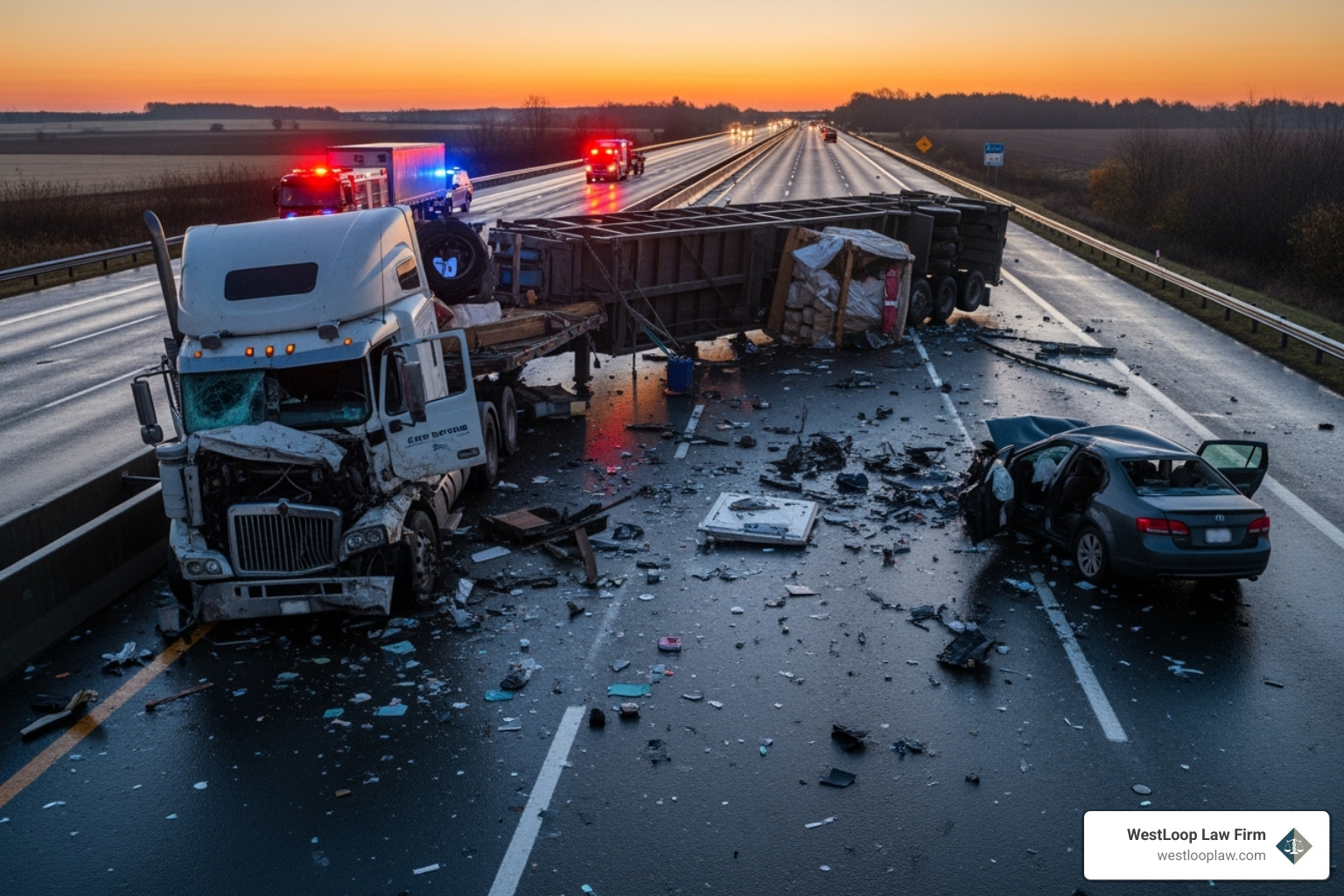 Illustration of a common truck accident type like a jackknife or underride collision - Texas trucking accident attorney