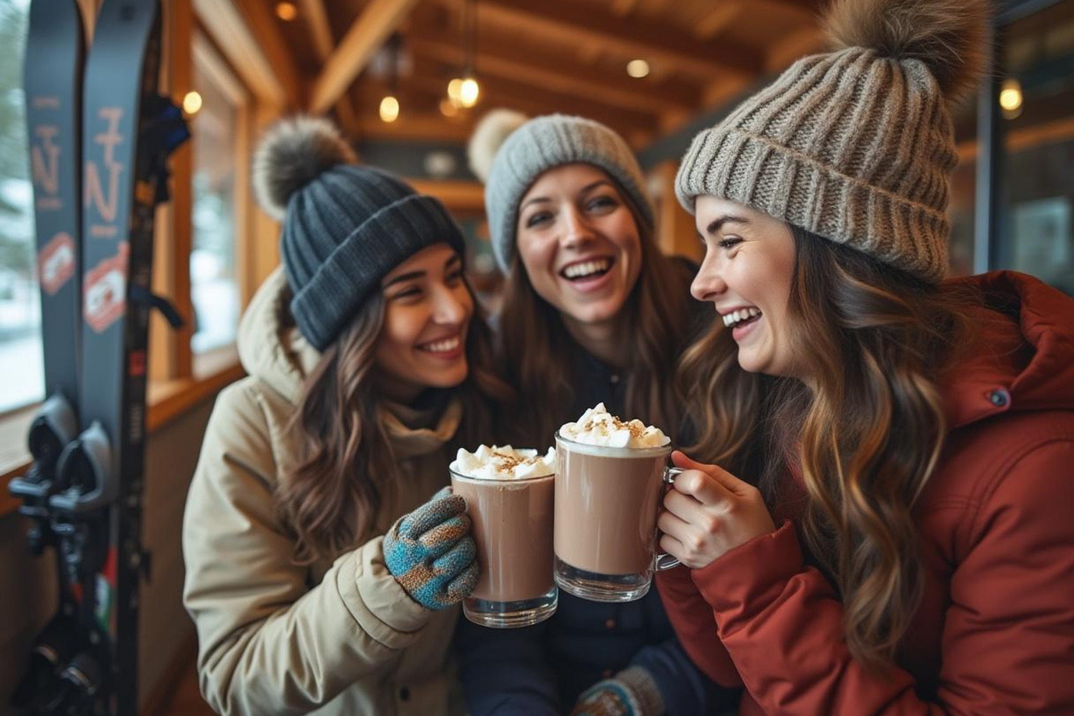 friends enjoying vegan hot chocolate after skiing - vegan friendly ski resorts