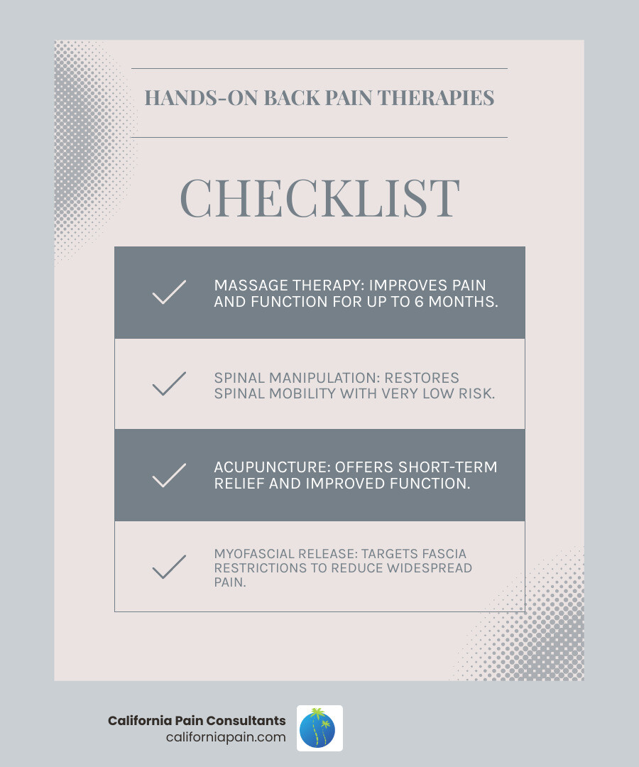 Infographic detailing various non-surgical therapies for chronic back pain, including exercise, massage, acupuncture, and physical therapy - treatment chronic back pain infographic checklist-light-blue-grey