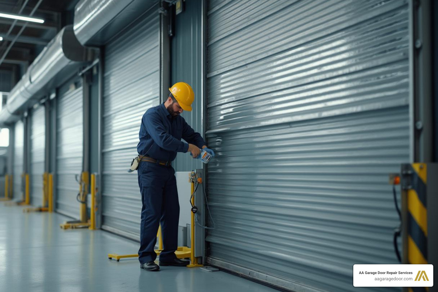 technician lubricating the hinges of a commercial roll-up door during a maintenance visit - commercial roll up door repair