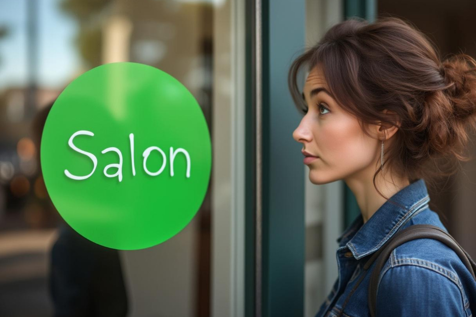 Salon window with a "Certified Sustainable Salon" sticker, attracting a customer's attention - eco friendly salon practices
