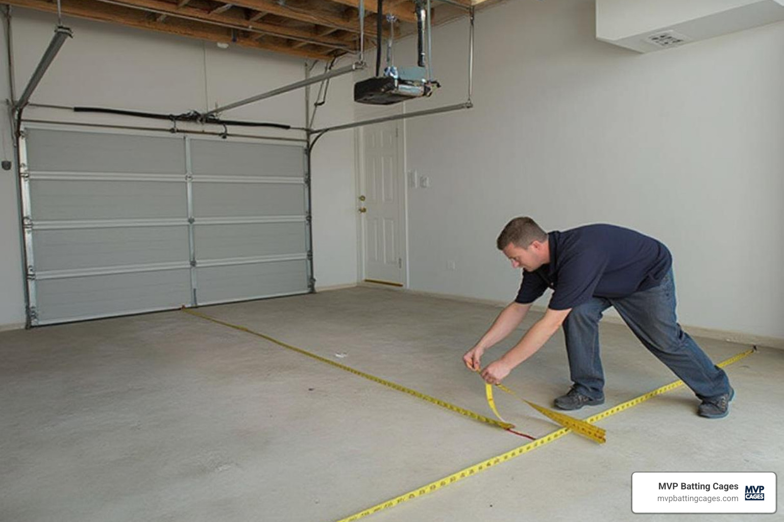 person measuring indoor space - how to hang a batting cage net indoors