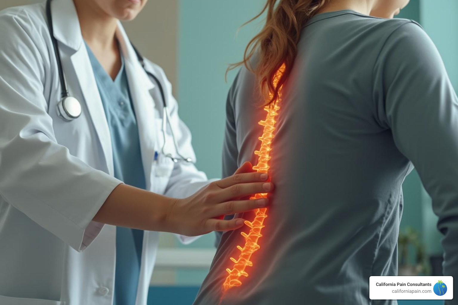 A doctor performing a physical examination on a patient's back, gently pressing on the spine and observing their posture - treatment chronic back pain