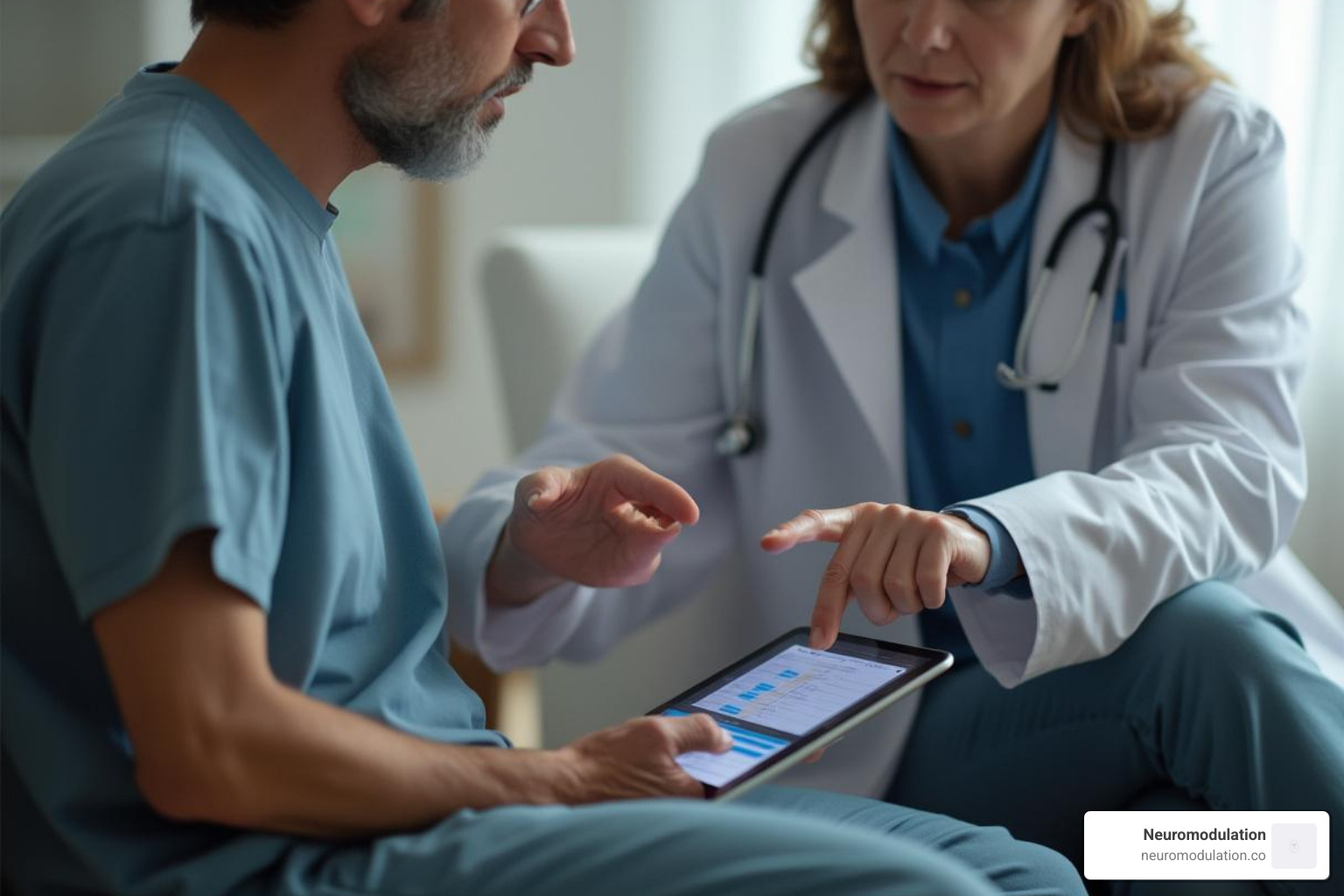 doctor and patient discussing test results on tablet - chest pain management algorithm