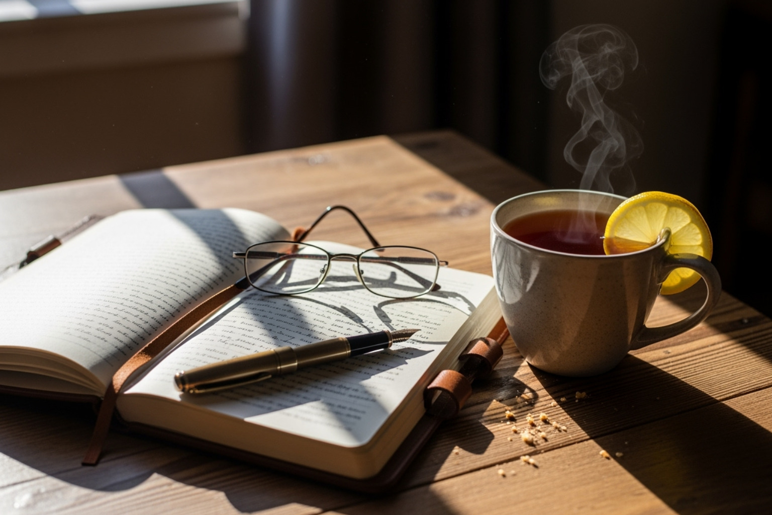 journal and pen next to a cup of tea on a wooden table. - extreme self care